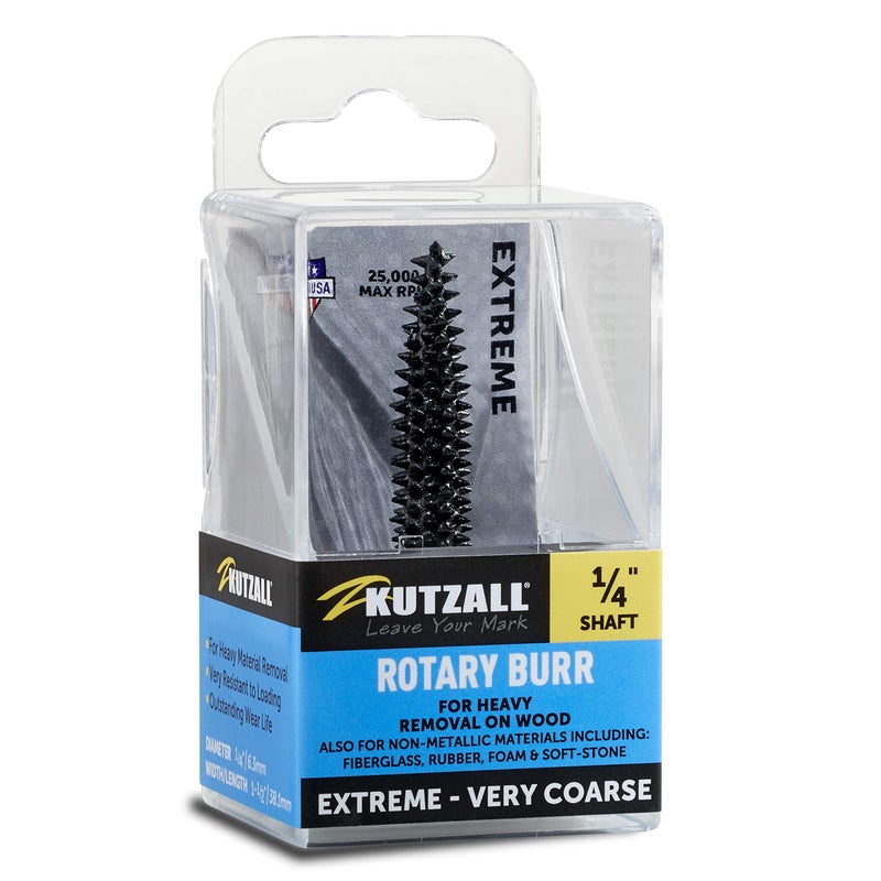 Kutzall Extreme Taper Rotary Burr, 1â„4" Shaft, Very Coarse - Wood Carving Bit for Bosch, DeWalt, Milwaukee. Abrasive Tungsten Carbide, 1â„4" (6.3mm) Dia. X 1-1â„2" (38.1mm) Length, TX-14C - Image 1